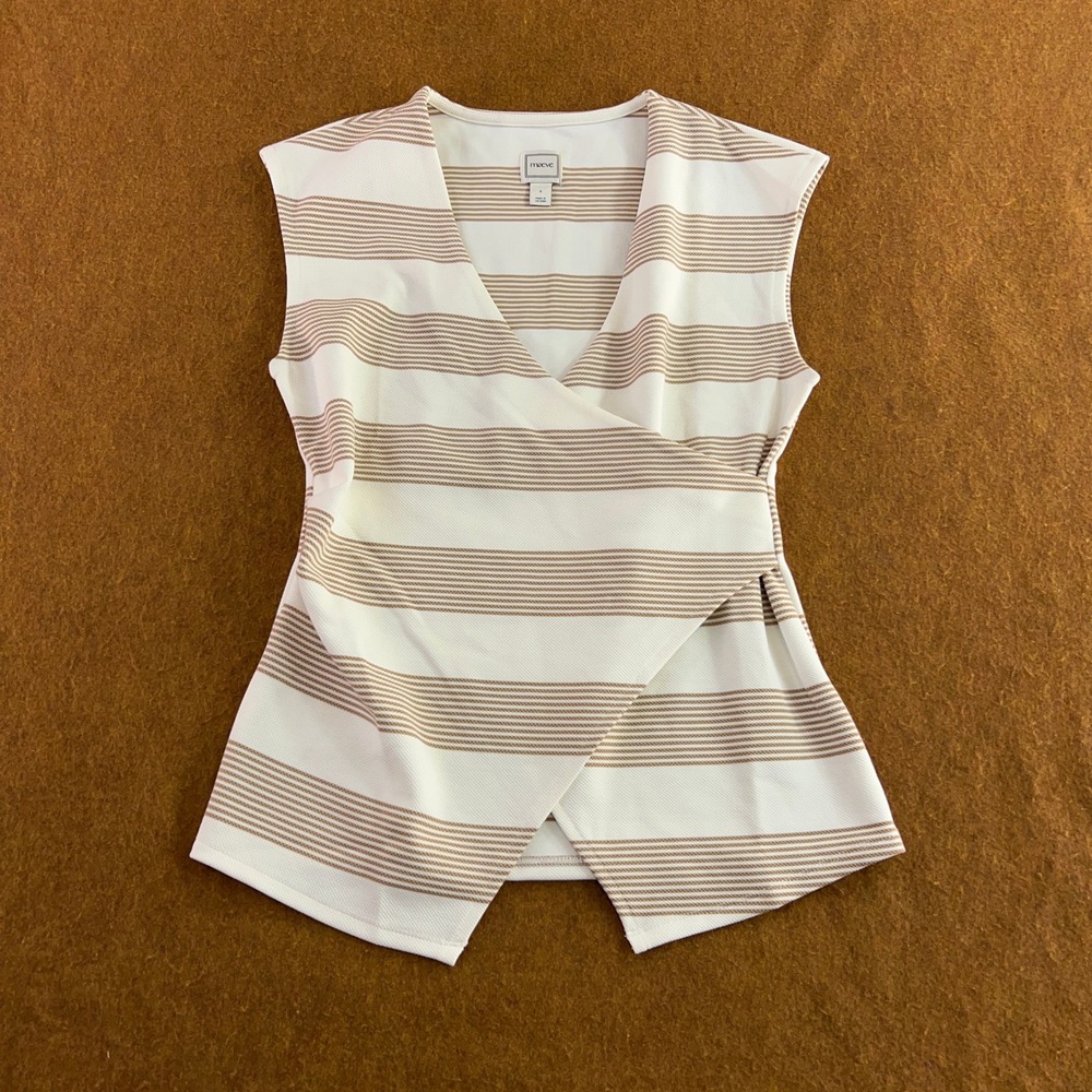 Maeve Womens Small White Tan Striped Sleeveless Wrap Front Blouse Top New